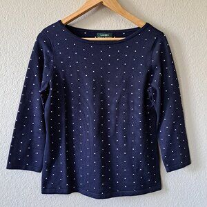 ❤️Ralph Lauren Modern Preppy Navy Blue w/Polka Dots Sweater Shirt Size S